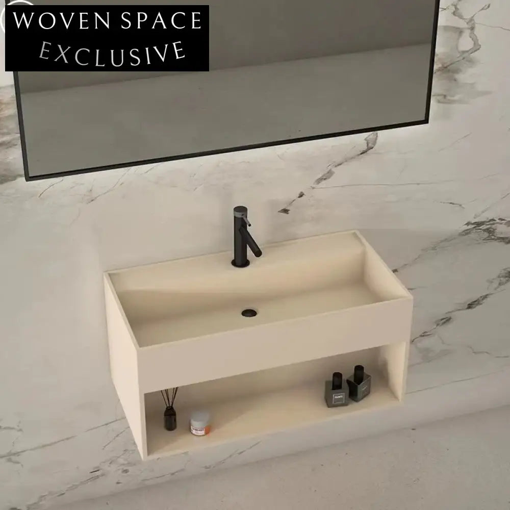 Modern Cream Wall-Hung Solid Surface Bathroom Sink with Integrated Basin