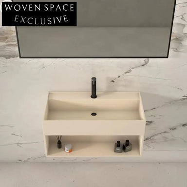 Modern Cream Wall-Hung Solid Surface Bathroom Sink with Integrated Basin