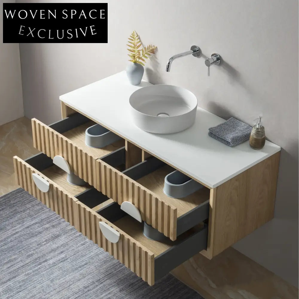 Modern Curved Solid Wood Floating Bathroom Vanity with Ceramic Basin Top