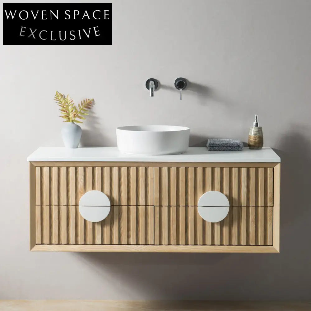Modern Curved Solid Wood Floating Bathroom Vanity with Ceramic Basin Top