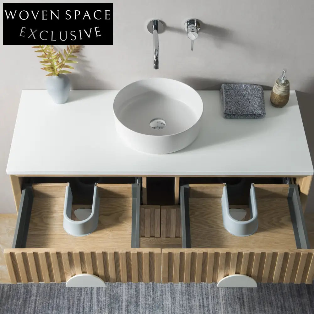 Modern Curved Solid Wood Floating Bathroom Vanity with Ceramic Basin Top