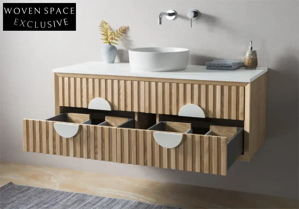 Modern Curved Solid Wood Floating Bathroom Vanity with Ceramic Basin Top