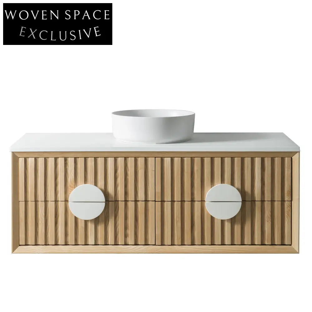 Modern Curved Solid Wood Floating Bathroom Vanity with Ceramic Basin Top