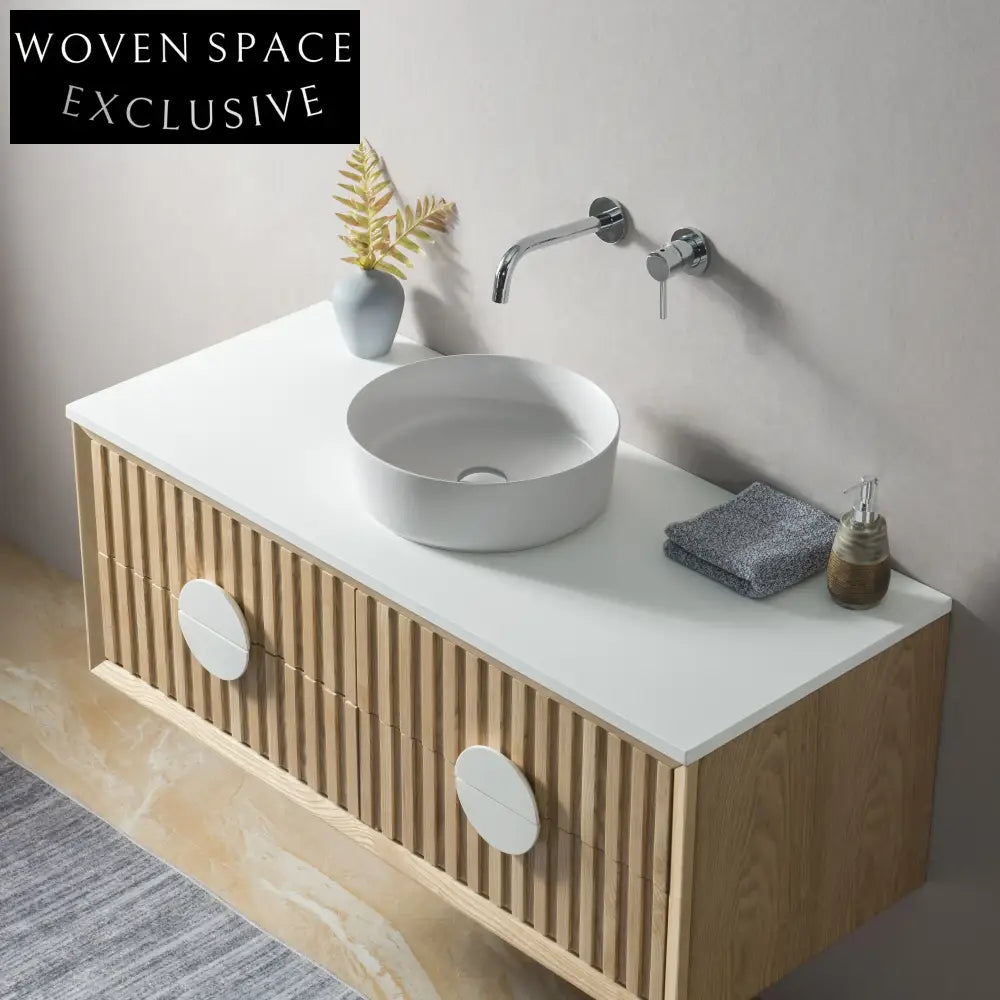 Modern Curved Solid Wood Floating Bathroom Vanity with Ceramic Basin Top
