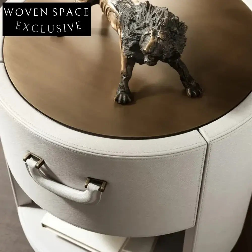 Modern Cylindrical Leather Nightstand with Stainless Steel Base Storage Table
