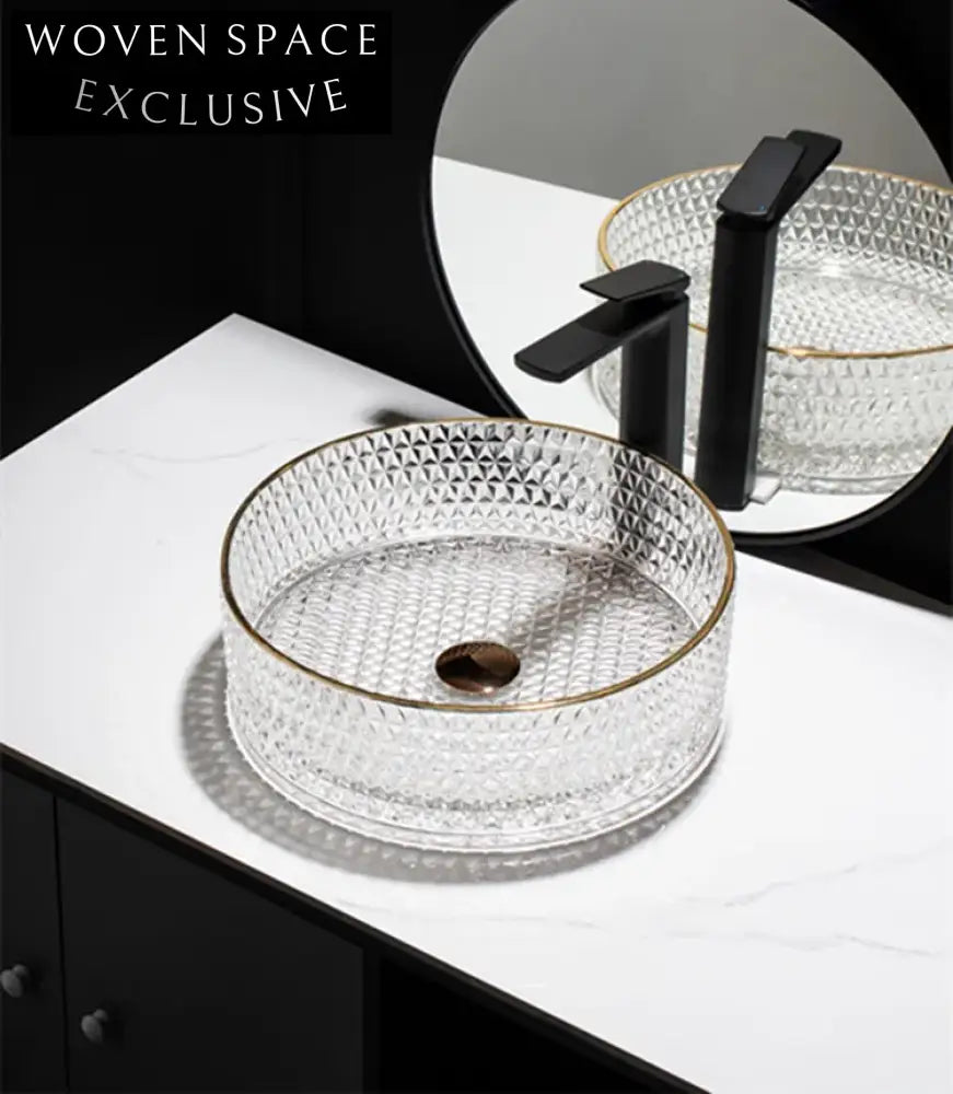 Modern Diamond Crystal Tempered Glass Above Counter Bathroom Vessel Sink