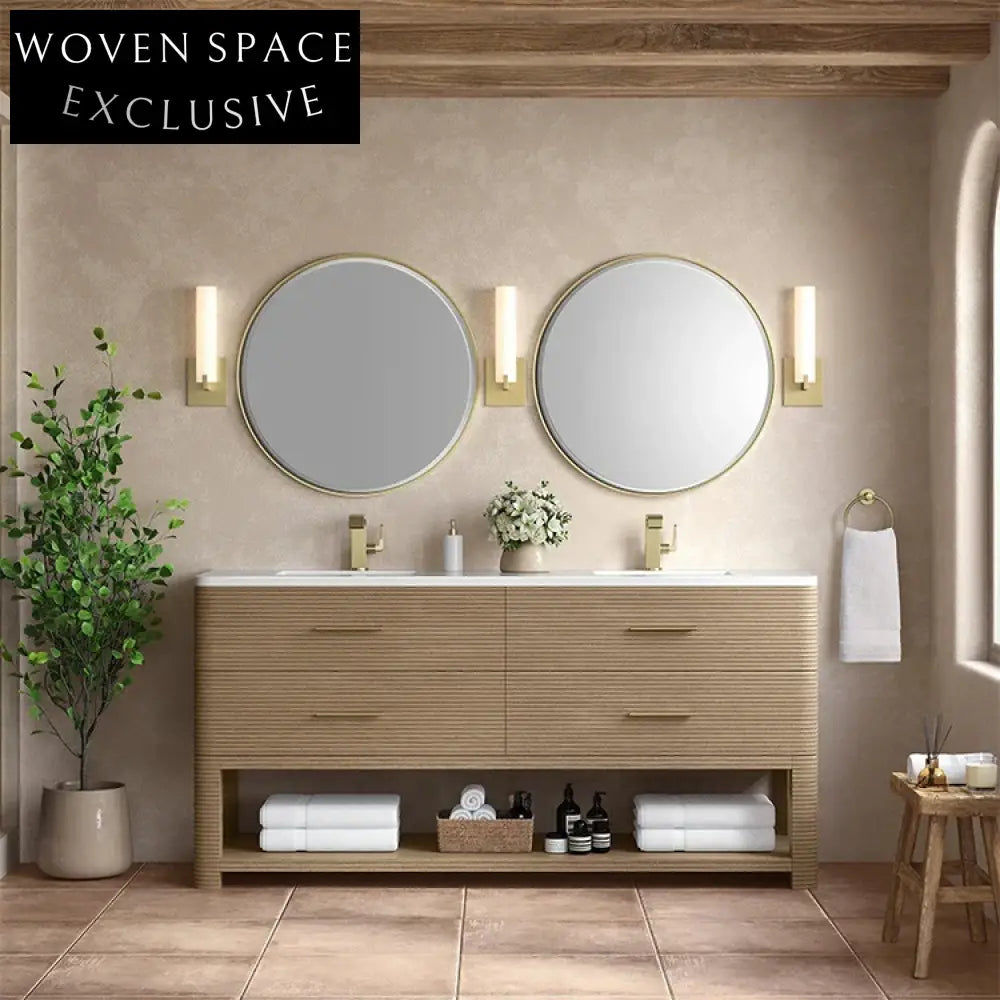 Modern European Double Sink Freestanding Bathroom Vanity Cabinet Wood Top