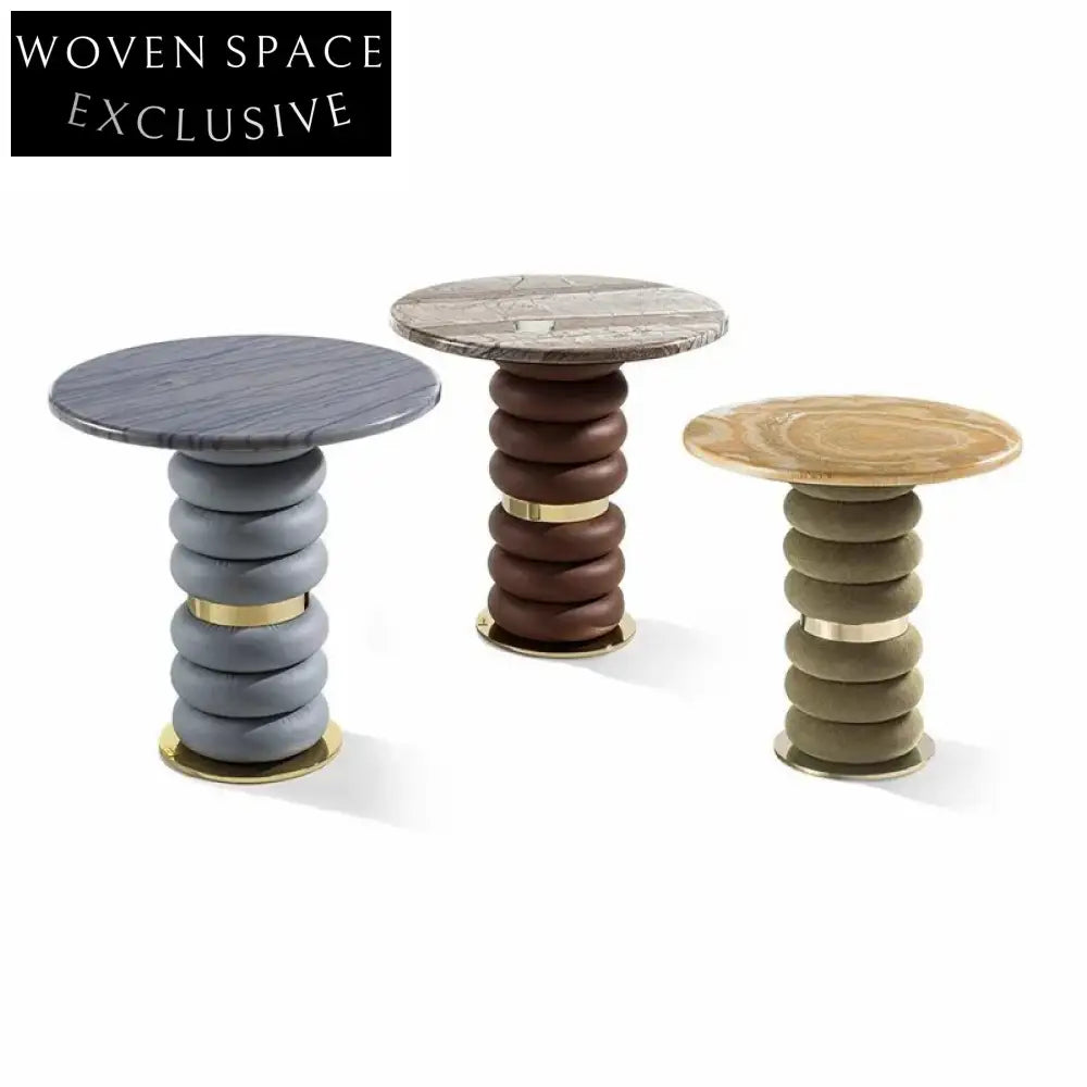 Modern Family Light Luxury Marble Round Metal Suede Side Coffee Table