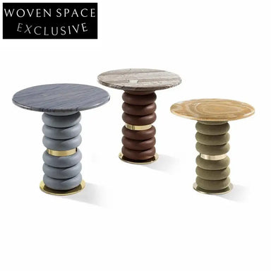 Modern Family Light Luxury Marble Round Metal Suede Side Coffee Table