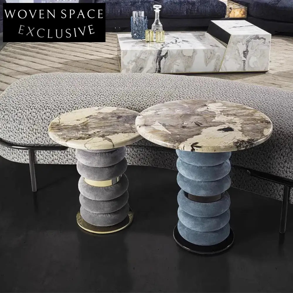 Modern Family Light Luxury Marble Round Metal Suede Side Coffee Table