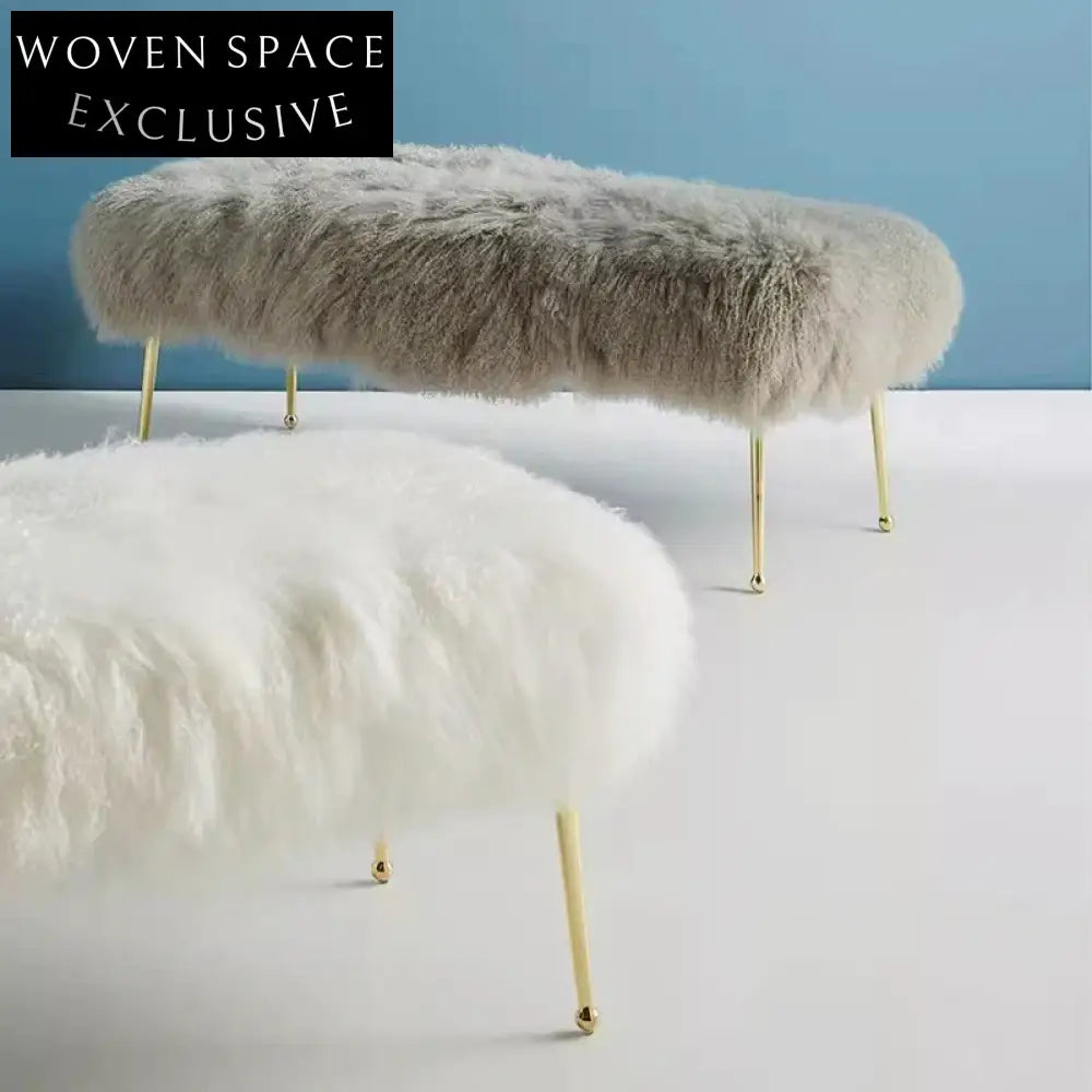 Modern Faux Fur Entryway Bench with Gold Metal Legs, Fluffy Stool