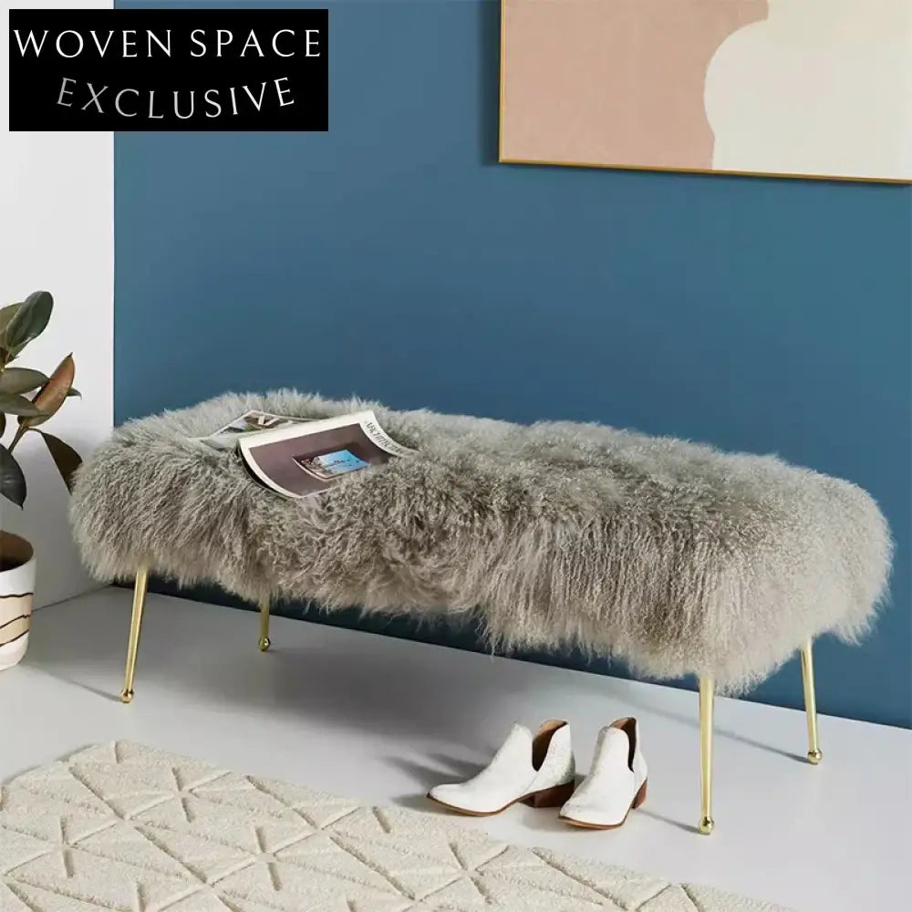 Modern Faux Fur Entryway Bench with Gold Metal Legs, Fluffy Stool