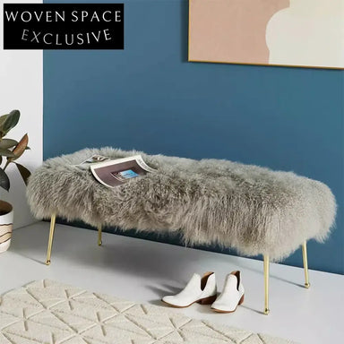 Modern Faux Fur Entryway Bench with Gold Metal Legs, Fluffy Stool