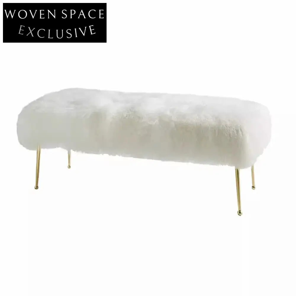 Modern Faux Fur Entryway Bench with Gold Metal Legs, Fluffy Stool