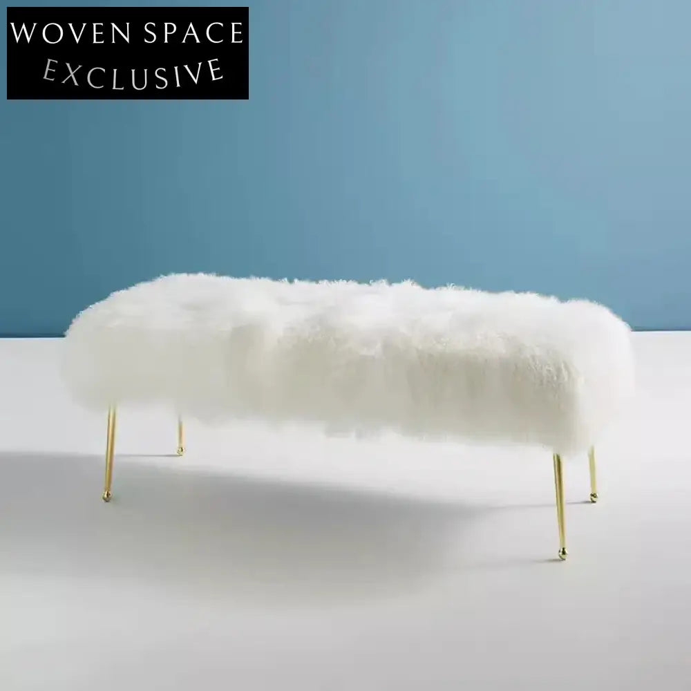 Modern Faux Fur Entryway Bench with Gold Metal Legs, Fluffy Stool