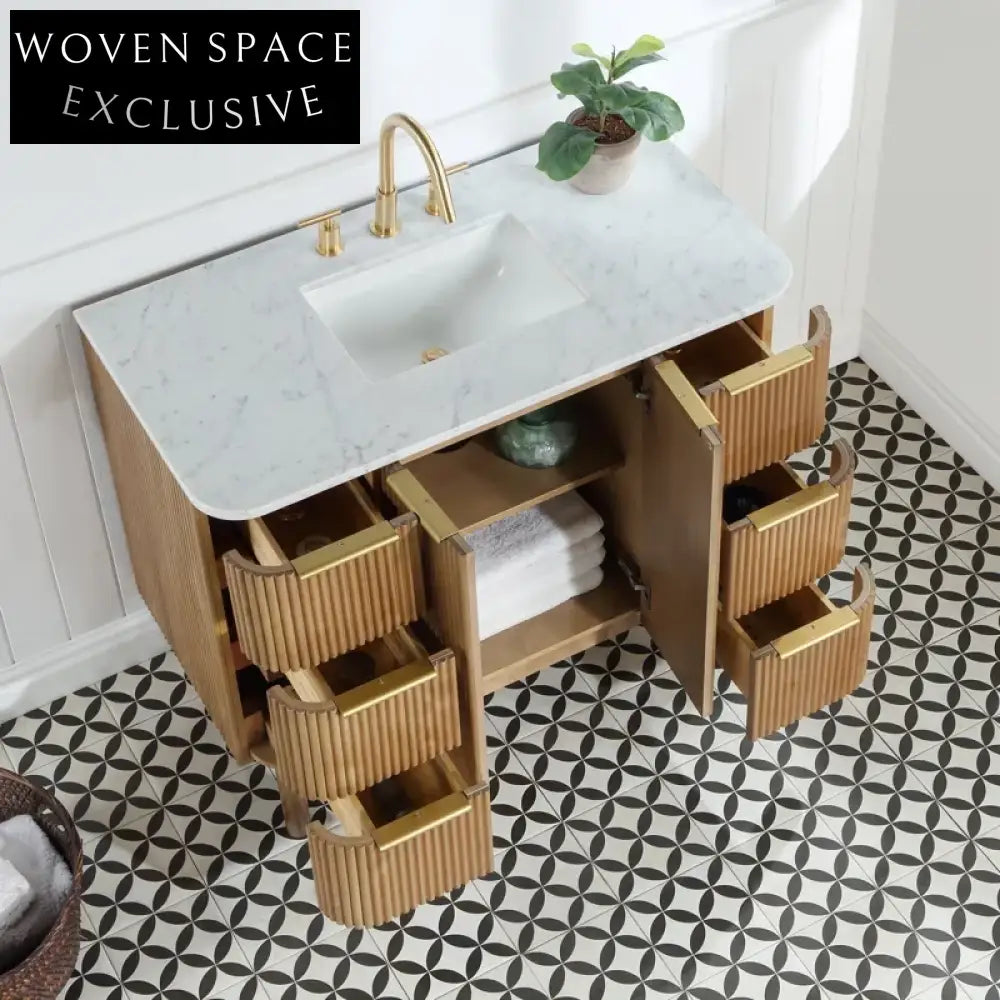 Modern Floor-Mounted Bathroom Vanity with Carrara Marble Top & Solid Wood Drawers
