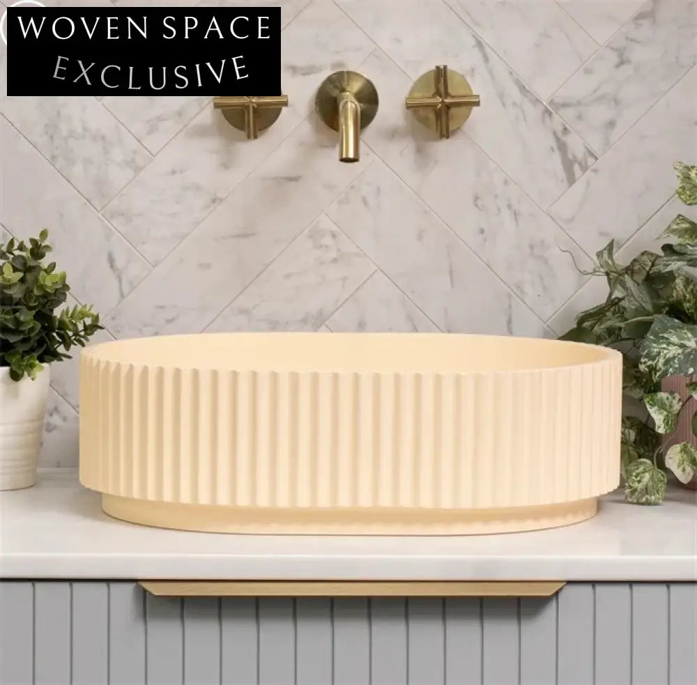 Modern Fluted Oval Artificial Stone Bathroom Vessel Sink - Matte Finish, Single Hole