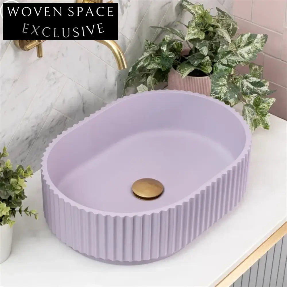 Modern Fluted Oval Artificial Stone Bathroom Vessel Sink - Matte Finish, Single Hole