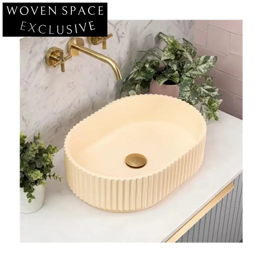 Modern Fluted Oval Artificial Stone Bathroom Vessel Sink - Matte Finish, Single Hole