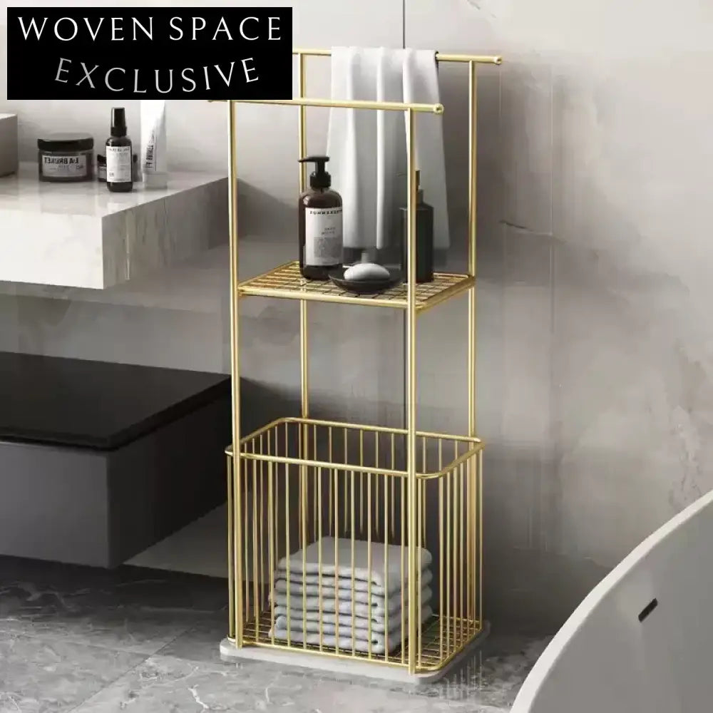 Modern Freestanding Gold Towel Rack with Marble Base and Laundry Basket