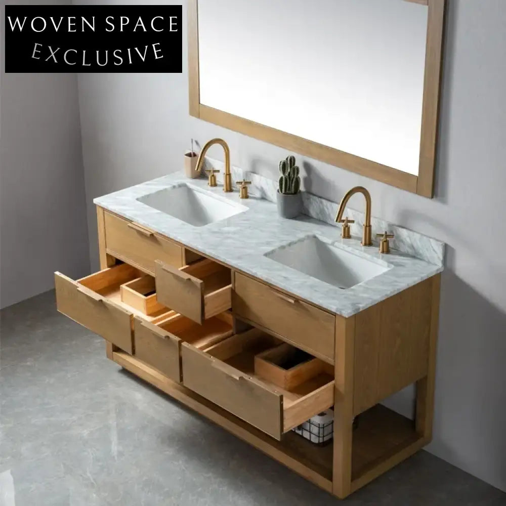 Modern Freestanding Solid Oak Wood Bathroom Storage Vanity Cabinet