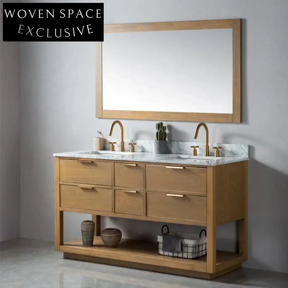 Modern Freestanding Solid Oak Wood Bathroom Storage Vanity Cabinet