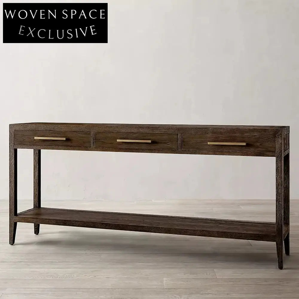 Modern French Style Solid Oak Wood Console Table with 3 Storage Drawers