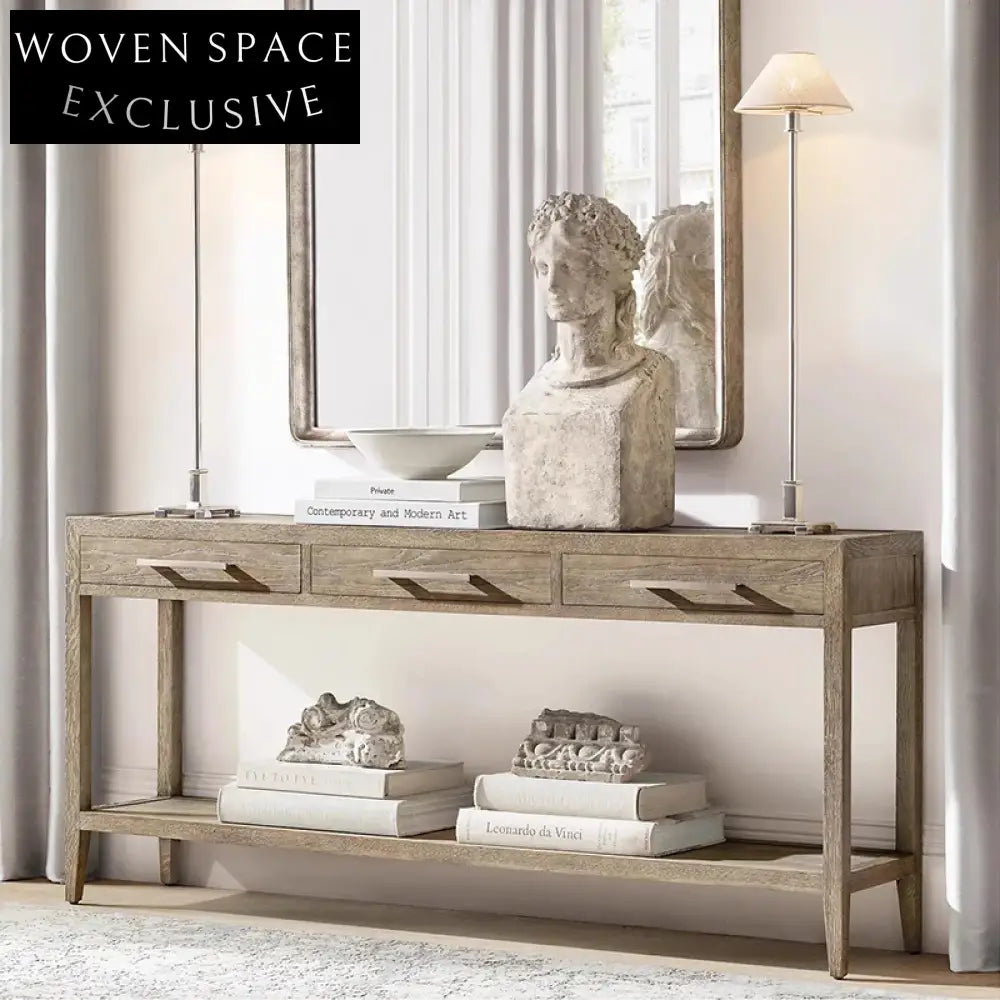 Modern French Style Solid Oak Wood Console Table with 3 Storage Drawers