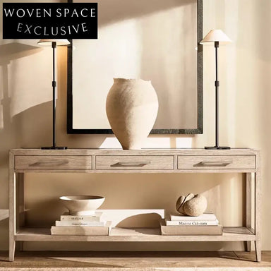 Modern French Style Solid Oak Wood Console Table with 3 Storage Drawers