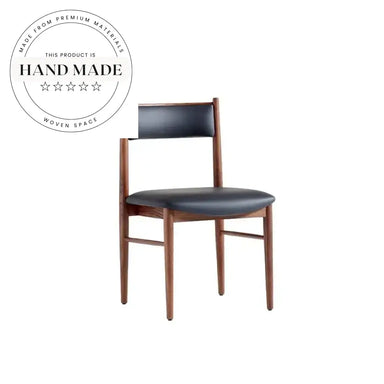 Modern French Vintage Oak Black Leather Upholstered Banquet Dining Chair