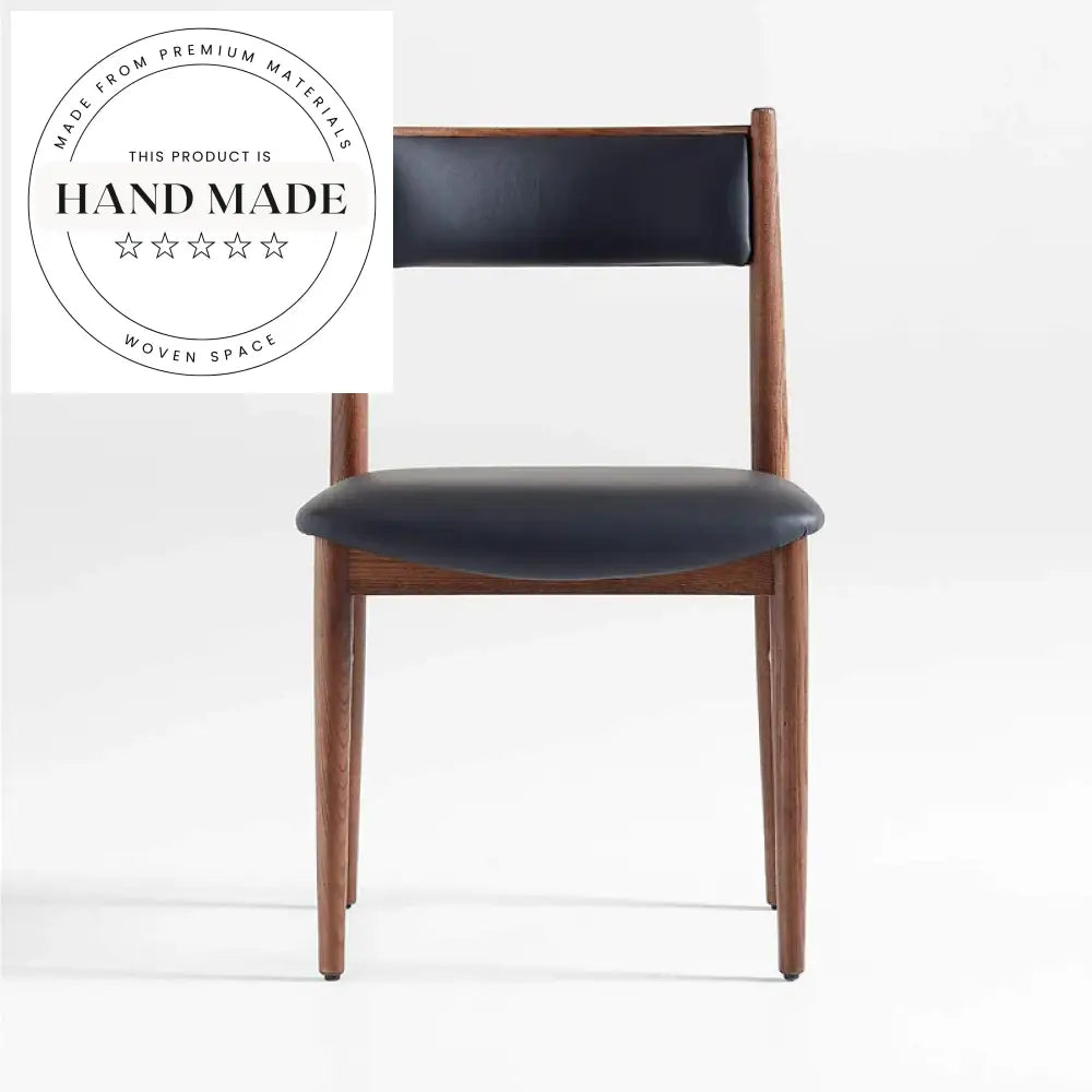 Modern French Vintage Oak Black Leather Upholstered Banquet Dining Chair