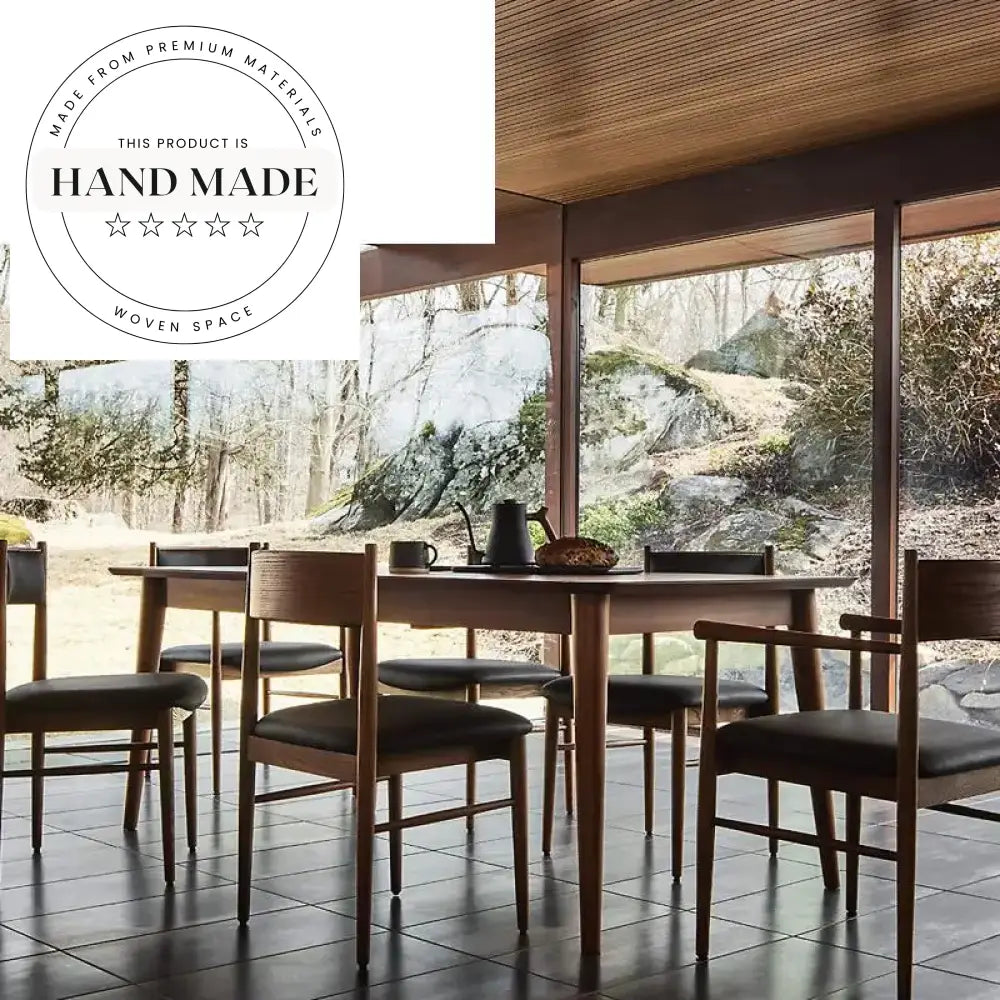 Modern French Vintage Oak Black Leather Upholstered Banquet Dining Chair