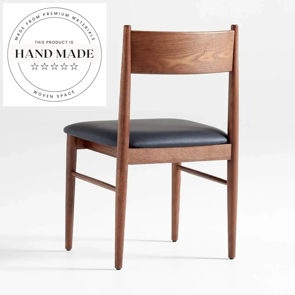 Modern French Vintage Oak Black Leather Upholstered Banquet Dining Chair