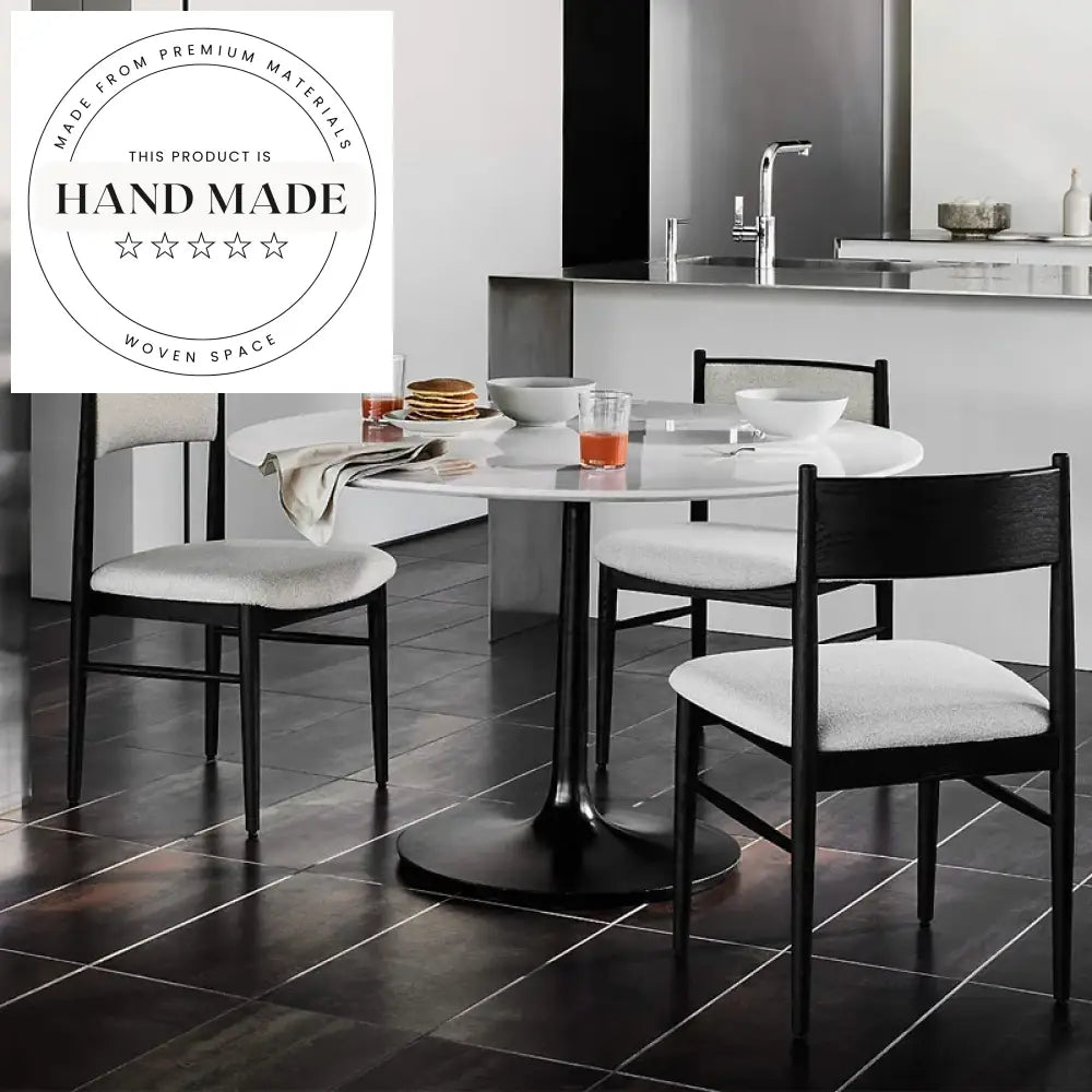 Modern French Vintage Oak Black Leather Upholstered Banquet Dining Chair