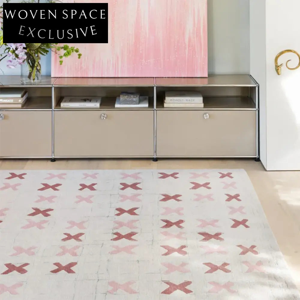 Modern Geometric Pink Polyester Area Rug for Living Room & Bedroom Floor