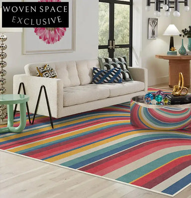 Modern Geometric Striped Polyester Area Rug for Teen Bedroom, Custom Size