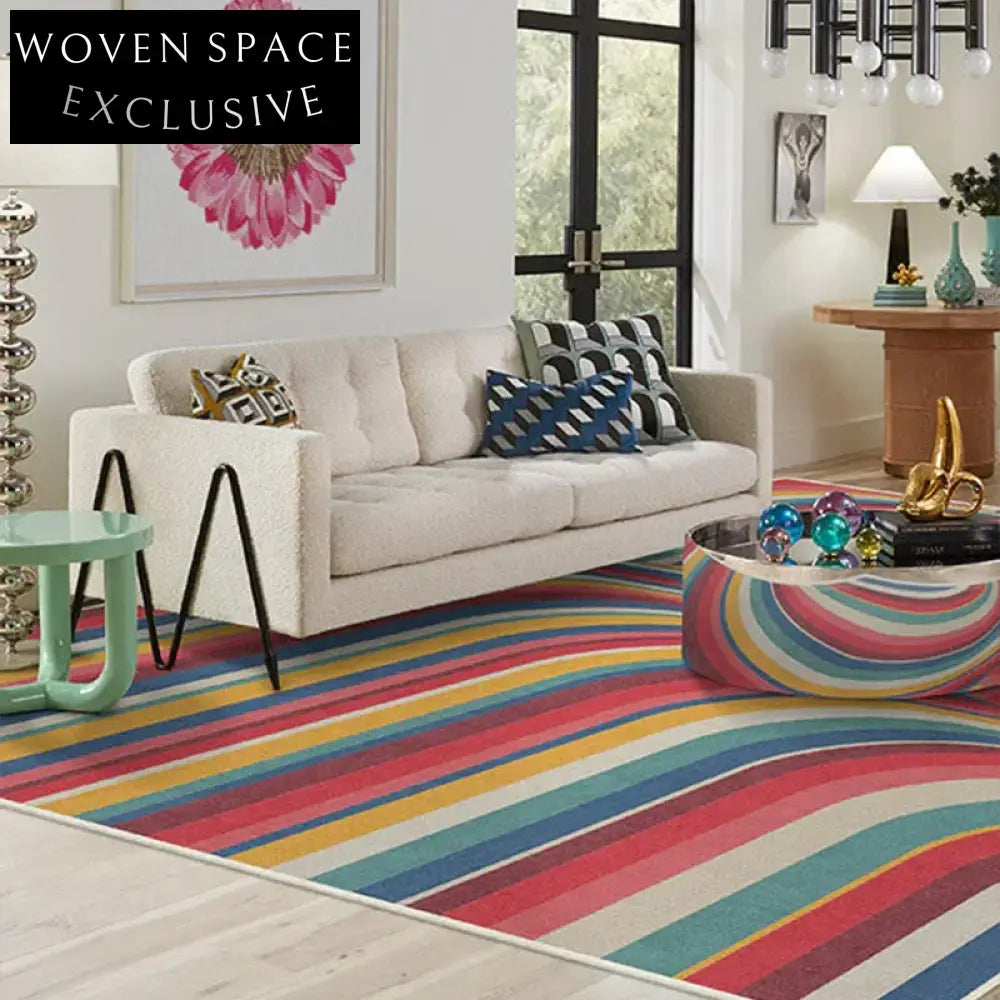 Modern Geometric Striped Polyester Area Rug for Teen Bedroom, Custom Size