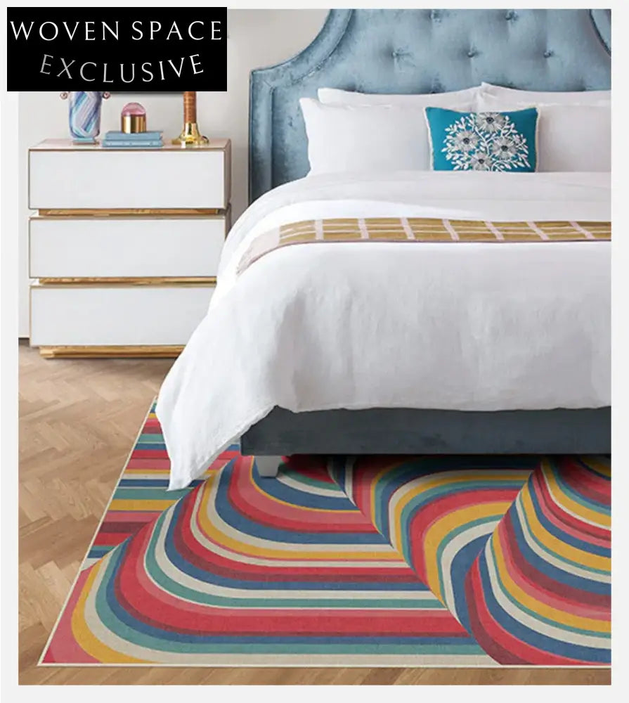 Modern Geometric Striped Polyester Area Rug for Teen Bedroom, Custom Size