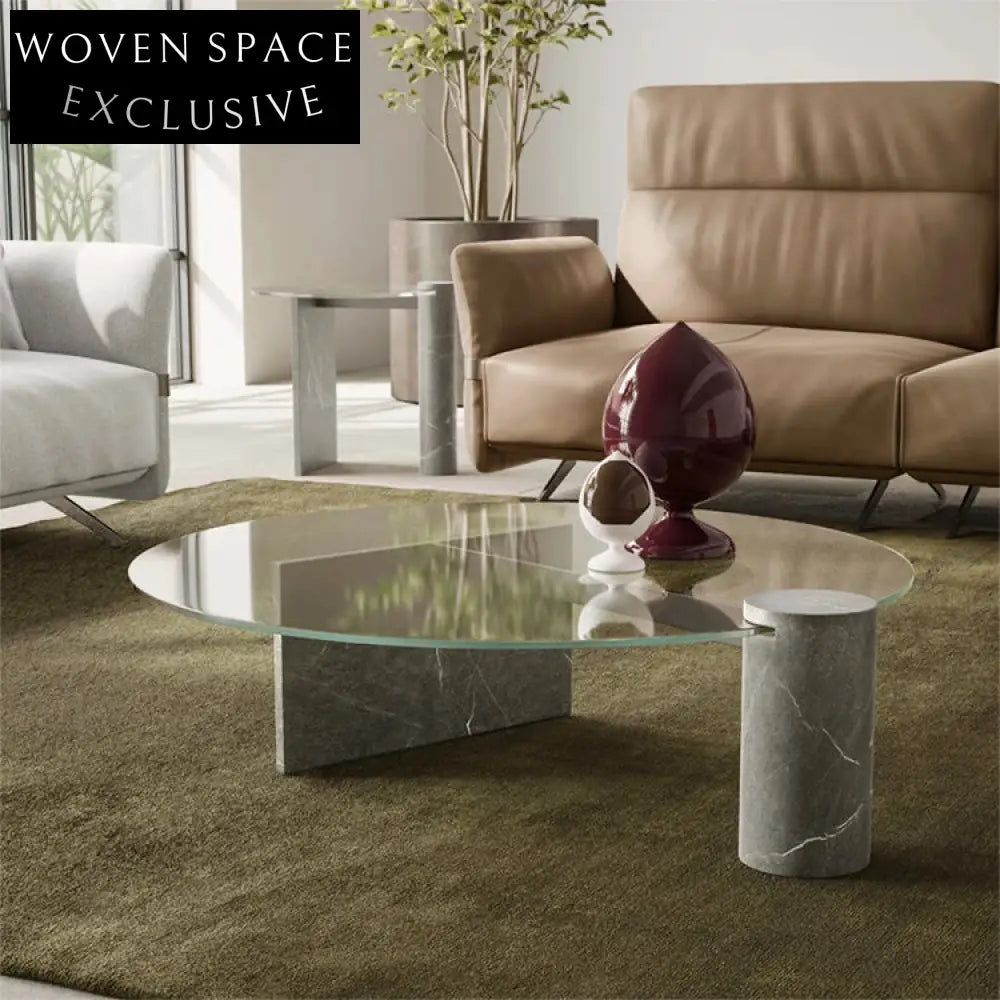Modern Glass Top Marble Base Coffee Table and Side Table Set