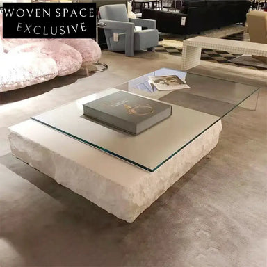 Modern Glass Top Rectangle Coffee Table with Natural Travertine Plinth