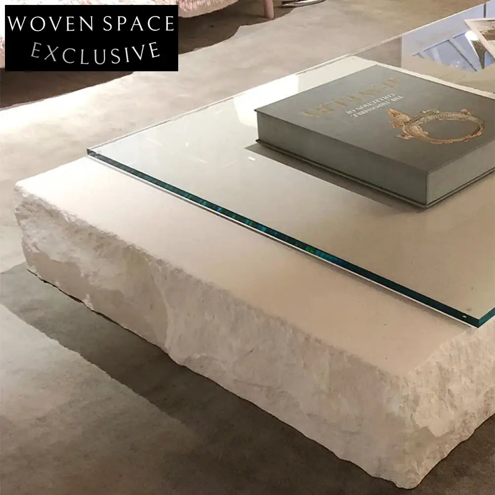 Modern Glass Top Rectangle Coffee Table with Natural Travertine Plinth