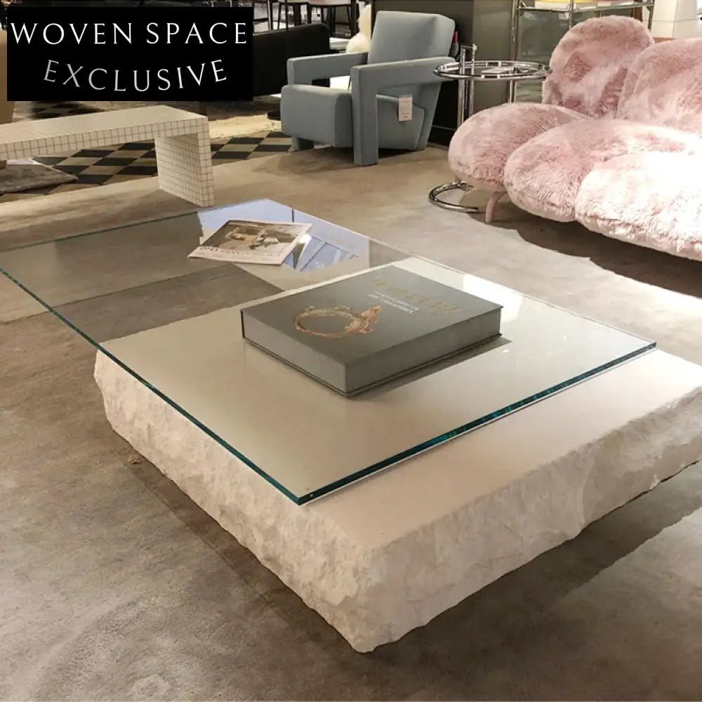 Modern Glass Top Rectangle Coffee Table with Natural Travertine Plinth