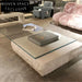 Modern Glass Top Rectangle Coffee Table with Natural Travertine Plinth