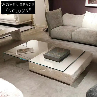 Modern Glass Top Rectangle Coffee Table with Natural Travertine Plinth