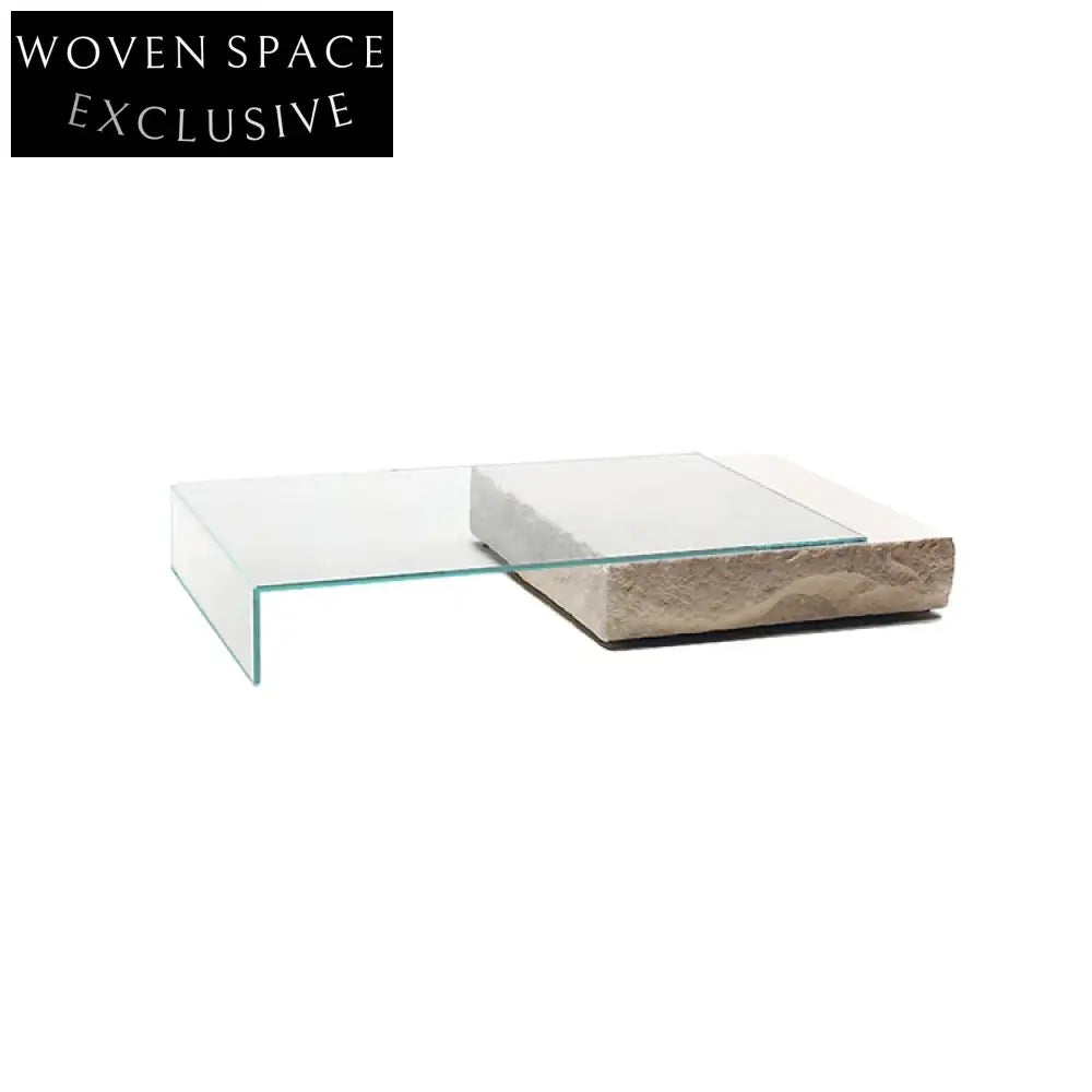 Modern Glass Top Rectangle Coffee Table with Natural Travertine Plinth