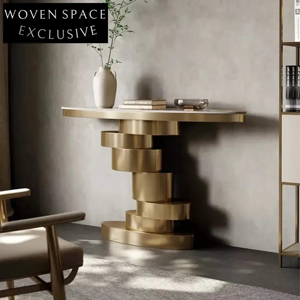 Modern Golden Stainless Steel Minimalist Entryway Console Table with Slated Top