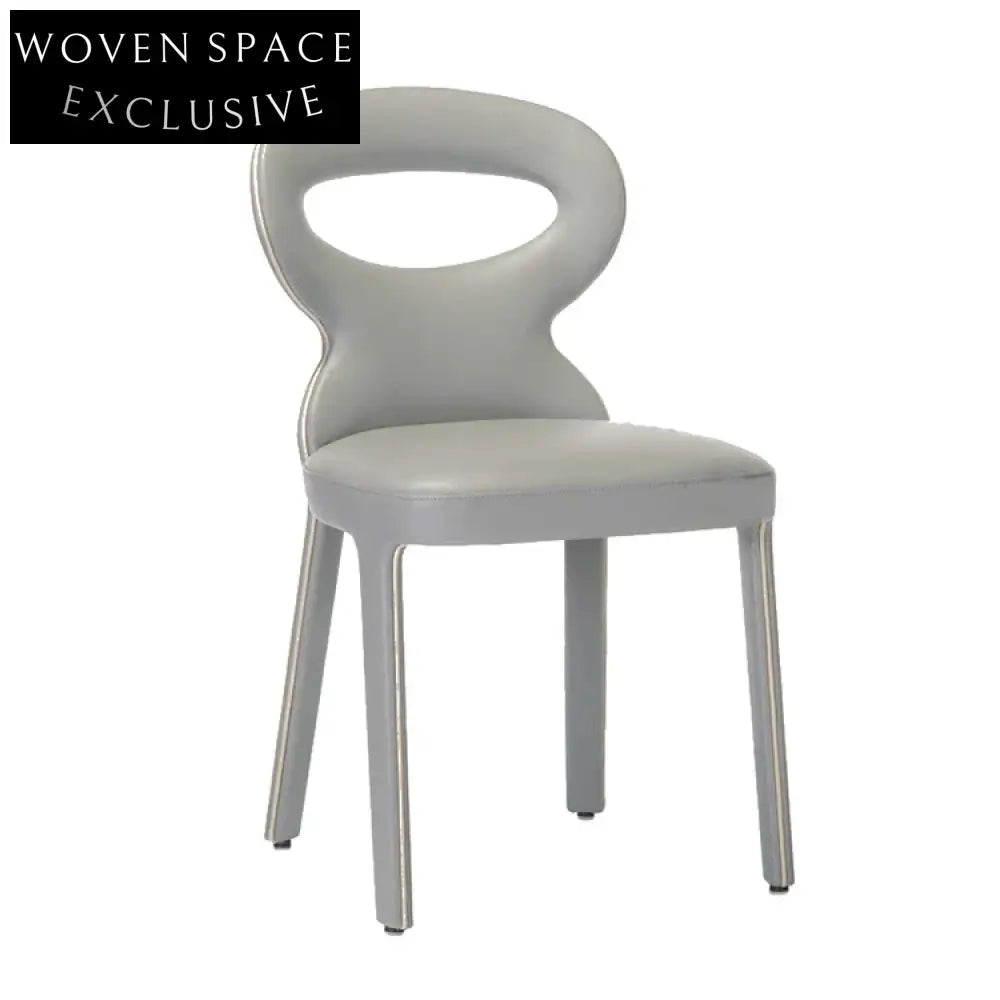 Modern Gray Leather Dining Chair with Round Backrest and Solid Wood Frame