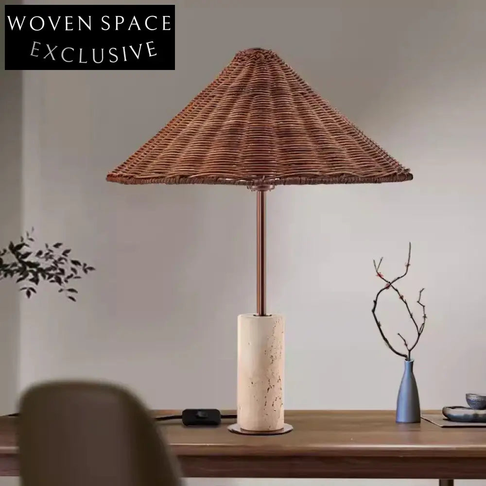 Modern Hand-Woven Rattan Bedside Table Lamp with Travertine Base