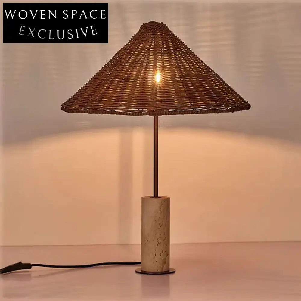 Modern Hand-Woven Rattan Bedside Table Lamp with Travertine Base