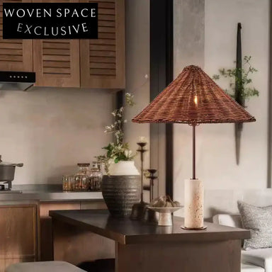 Modern Hand-Woven Rattan Bedside Table Lamp with Travertine Base